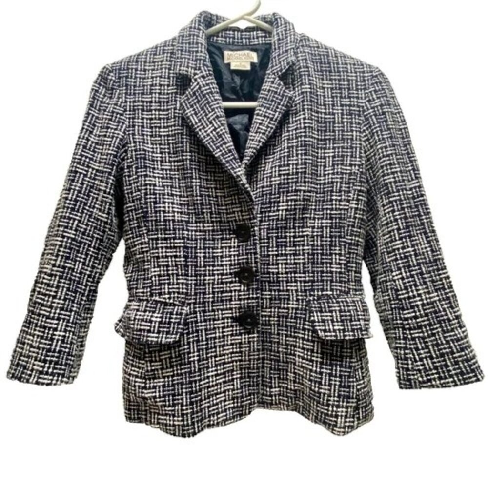Michael Kors Blazer Women's 2 Navy White Tweed Silk Liner Warm MK Career‎ Jacket